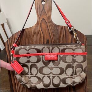 COACH Brown/Tan and Orange Leather Trim Signature “C” Wristlet